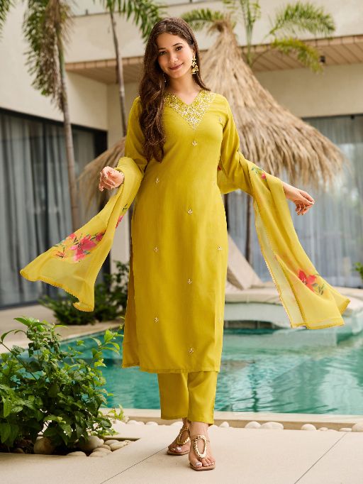 Yellow Embroidered Rayon Slub Fabric Straight Kurta, Pant and Dupatta Set