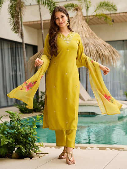Yellow Embroidered Rayon Slub Fabric Straight Kurta, Pant and Dupatta Set