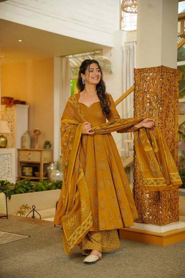 Mustard Color Muslin Fabric Designer Printed Readymade Ceremonial Palazzo Dress
