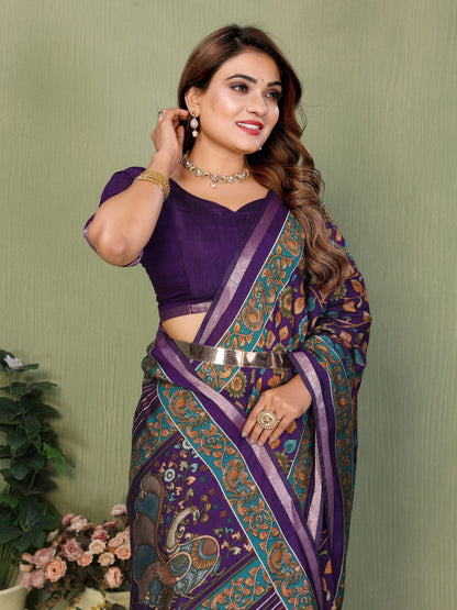 Violate Printed Mal Cotton Saree With Blouse