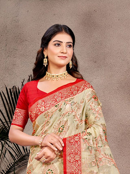 Beige Color Cotton Silk Fabric Woven Meenakari Designer Partywear Saree
