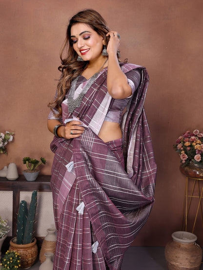 Purple Weaving Linen Cotton Saree With Blouse