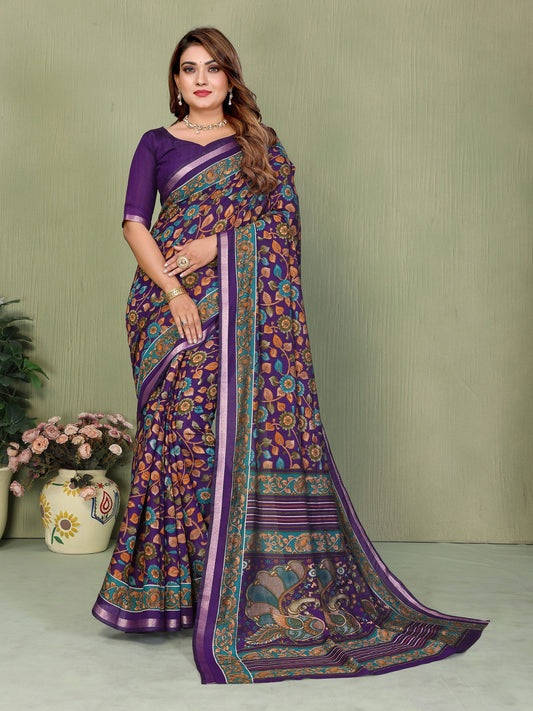 Violate Printed Mal Cotton Saree With Blouse