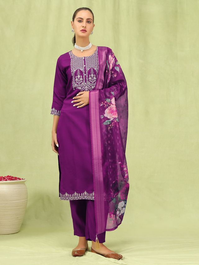 Purple Color Viscose Roman Silk Fabric Designer Embroidered Suit