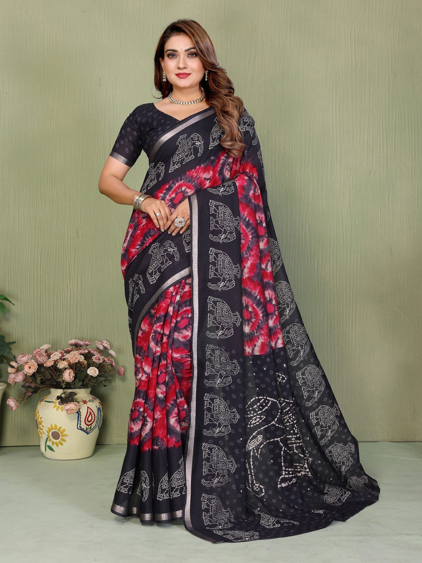Black Printed Mal Cotton Saree With Blouse