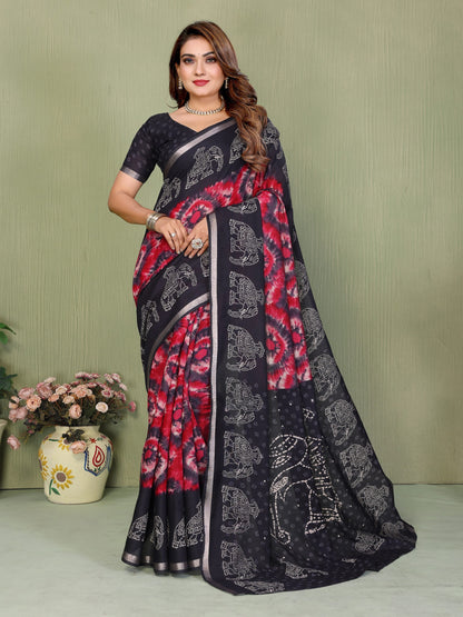 Black Printed Mal Cotton Saree With Blouse