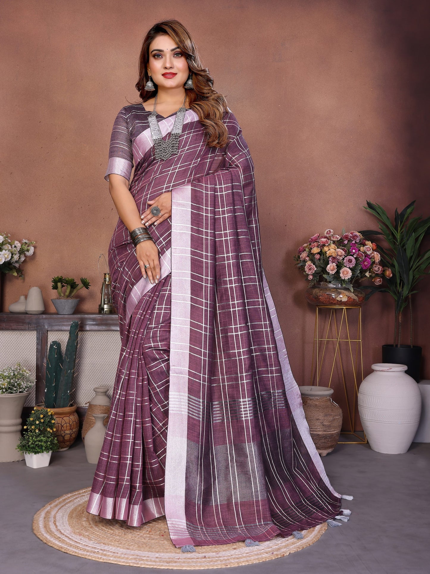 Purple Weaving Linen Cotton Saree With Blouse