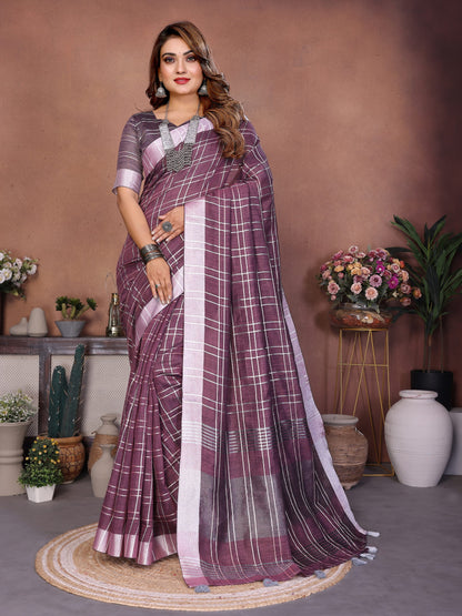 Purple Weaving Linen Cotton Saree With Blouse