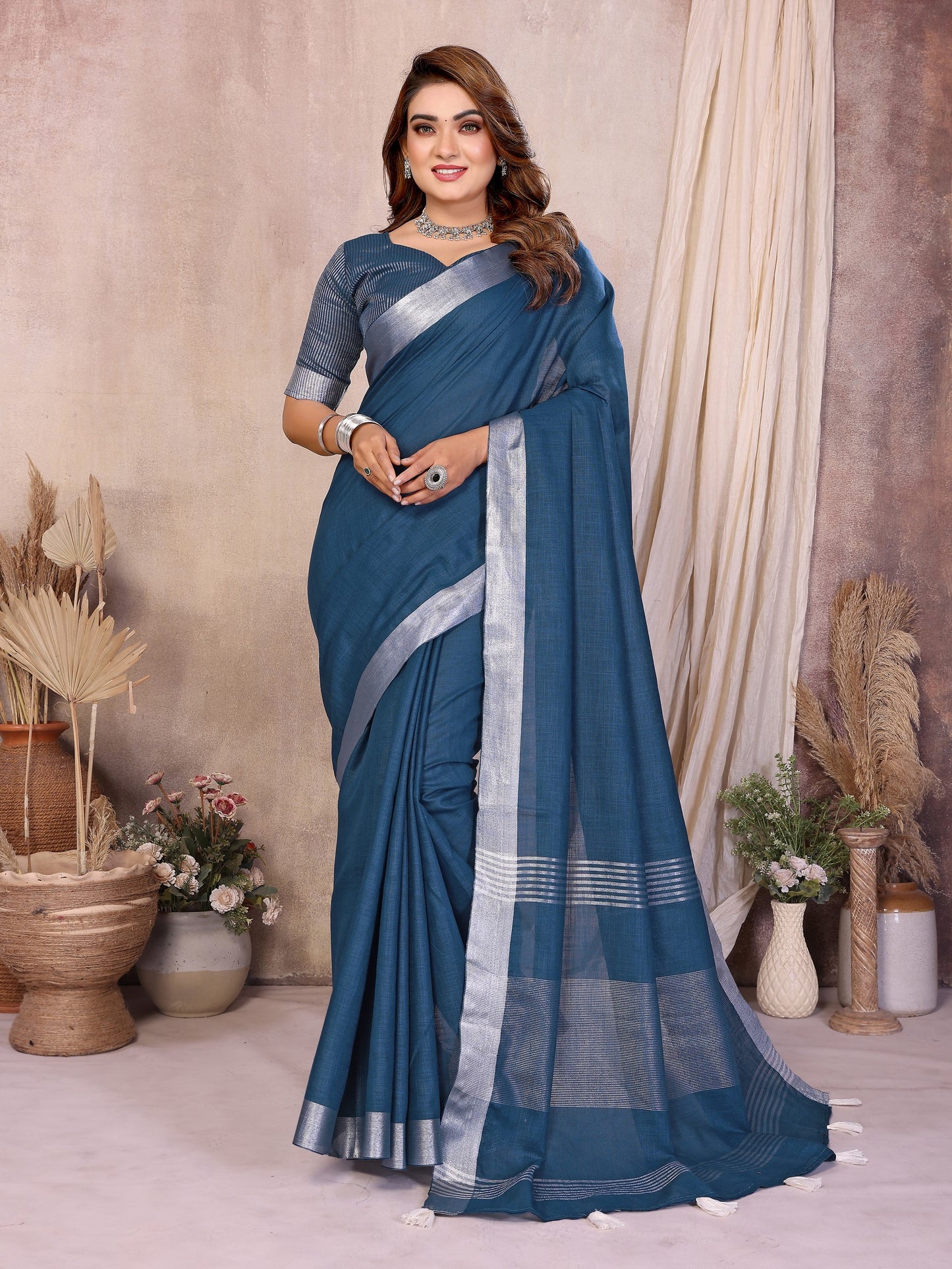 Teal Weaving Linen Cotton Saree With Blouse