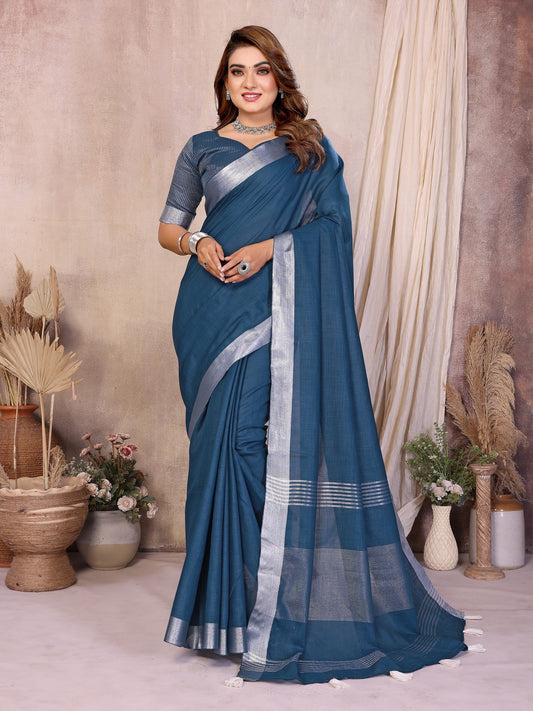 Teal Weaving Linen Cotton Saree With Blouse