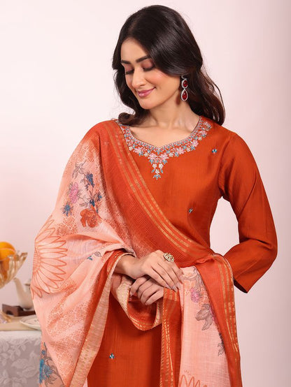 Rust Color Poly Silk Fabric Smart Ethnic Partywear Kurta Set