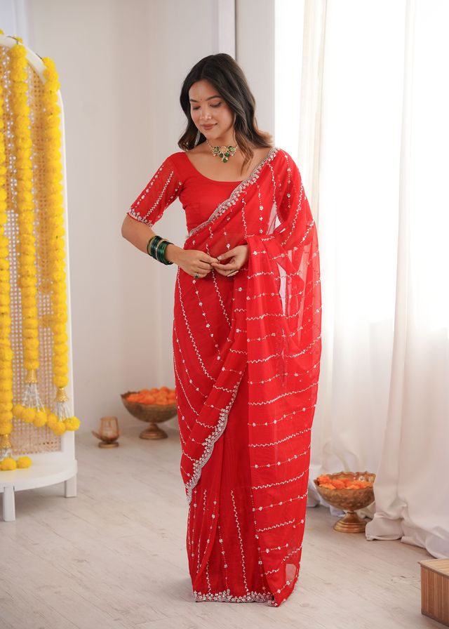 Red Color Twill Net Fabric Ethnic And Girlie Ceremonial Saree For Girls