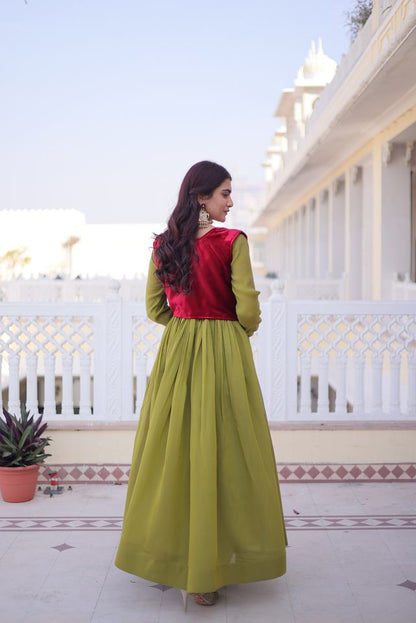 Green Color Mal Chanderi Fabric Readymade Gown With Koti For Ethnic Partywear Looks