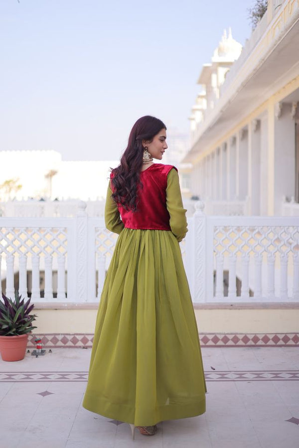 Green Color Mal Chanderi Fabric Readymade Gown With Koti For Ethnic Partywear Looks