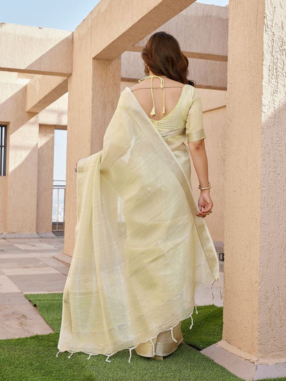 Yellow Color Tissue Linen Silk Fabric Weaving Jari Lining Designer Saree
