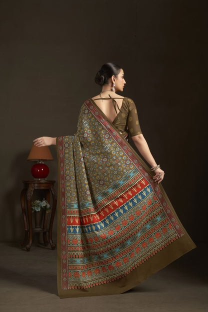 Mahendi Color Stylish Digital Printed Silk Crepe Fabric Saree For Trendy Looks