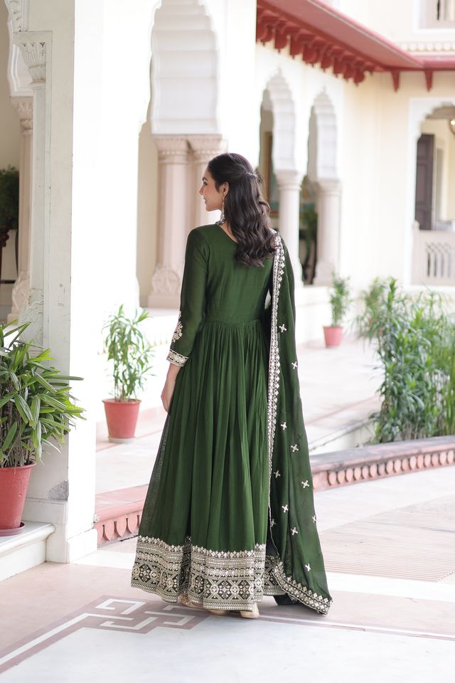 Green Color Heavy Embroidered Ethnic Beautiful Gown With Dupatta
