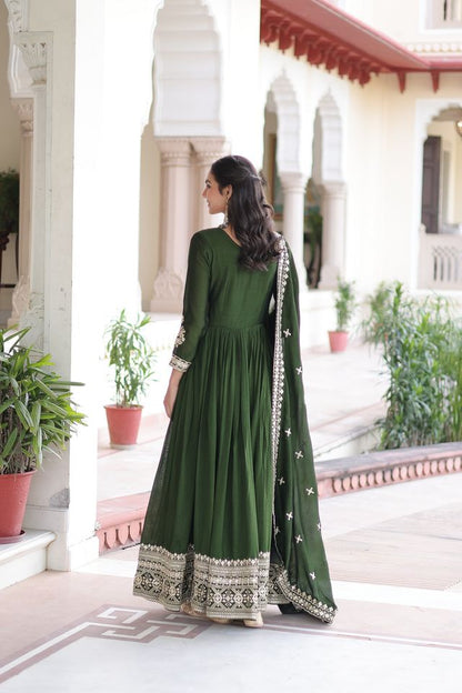Green Color Heavy Embroidered Ethnic Beautiful Gown With Dupatta