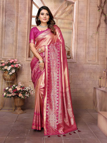 Pink Color Banarasi Tissue Silk Ethnic Jacquard Weving Designer Ceremonial Saree