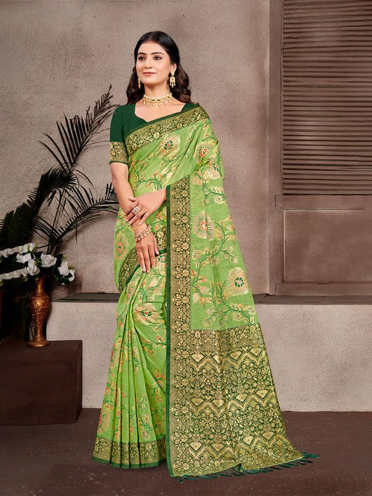 Mahendi Color Cotton Silk Fabric Woven Meenakari Designer Partywear Saree
