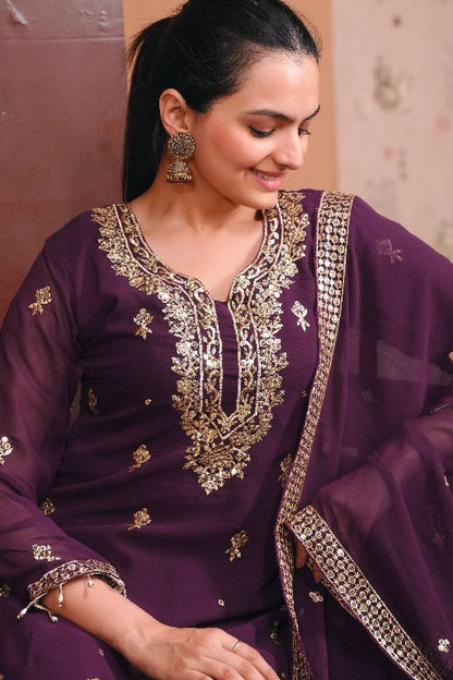 Women's Fox Georgette fabric Embroidery work Kurta with Pant and Dupatta set