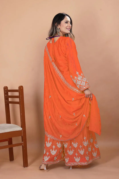 Women's Gorgeous Embroidery Work Chinon Fabric Straight Kurta Sharara and Dupatta Set