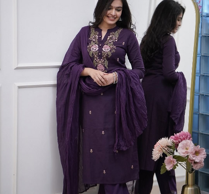 Women's Viscose Rayon Embroidered Straight Kurta with Pant And Dupatta Set