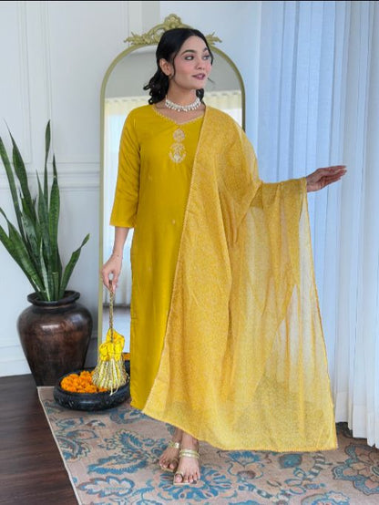 Women Beautiful Embroidery Rayon Fabric with Straight Kurta, Pant and Dupatta Set