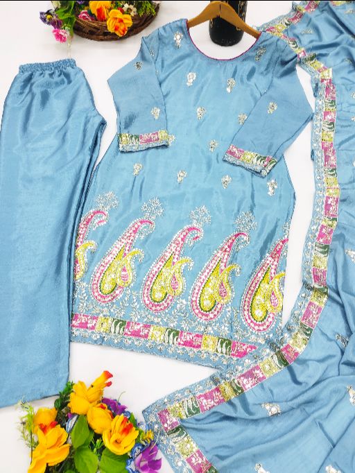 Beautiful Women's Chinon fabric Embroidery work Kurta with Pant and Dupatta set