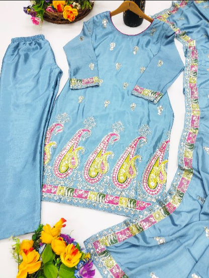 Beautiful Women's Chinon fabric Embroidery work Kurta with Pant and Dupatta set