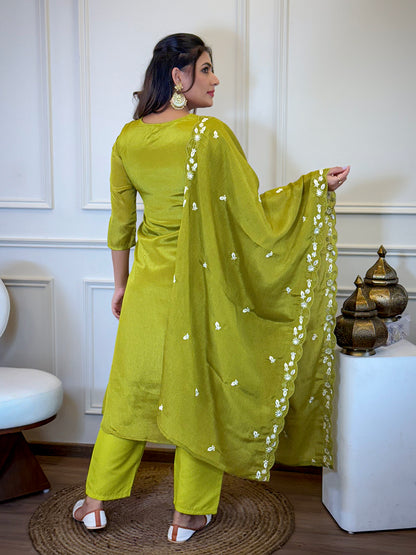 Women's Gorgeous Chinon Embroidery Straight Kurta with Pant And Dupatta Set