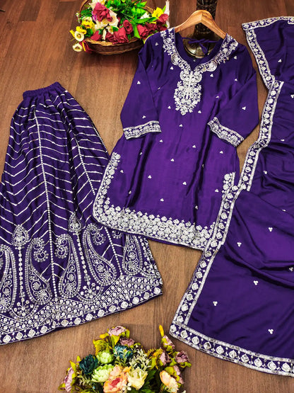 Women's Chinon fabric Embroidery work Kurta with Sharara and Dupatta set-78