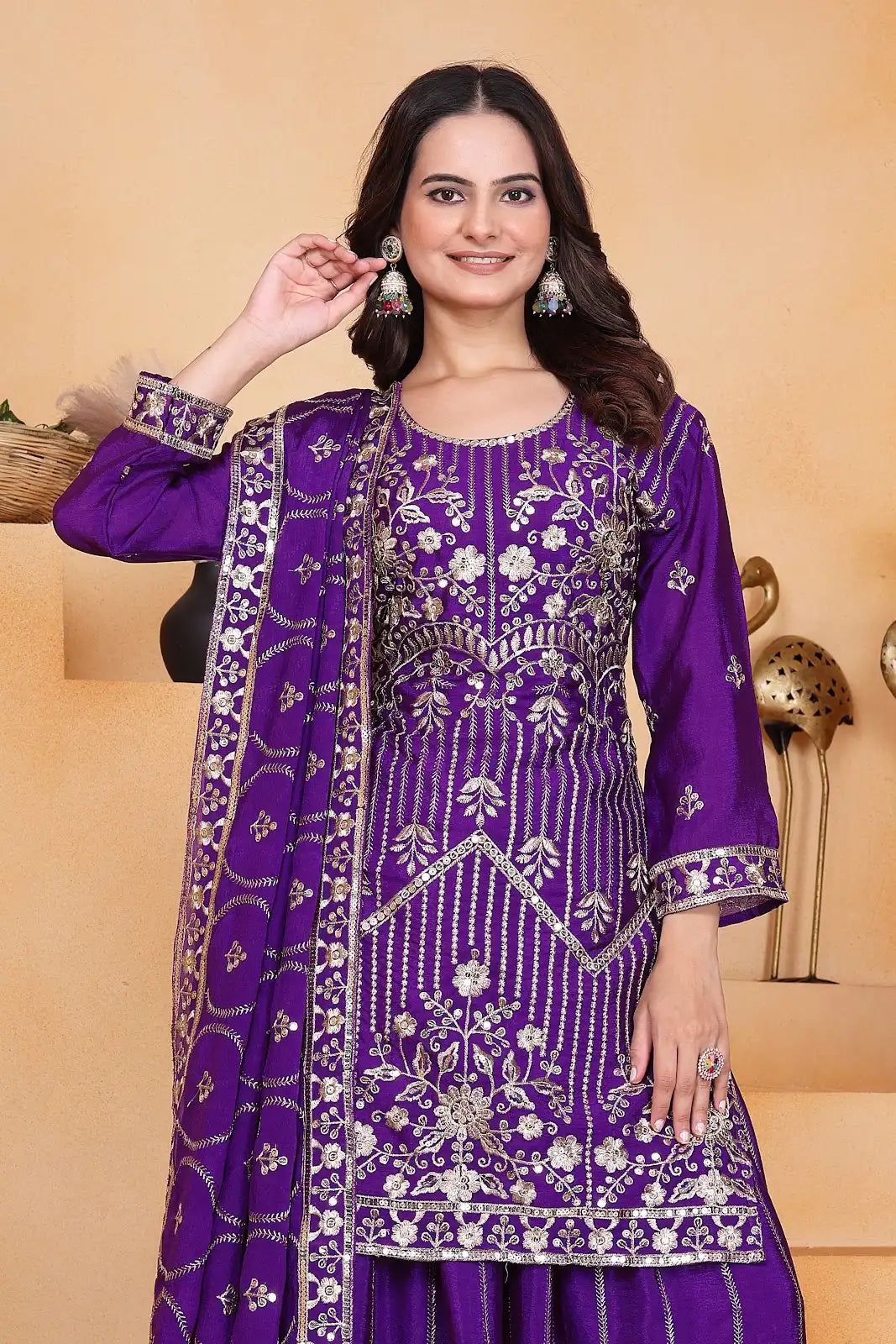 Women's Gorgeous Embroidery Work Chinon Silk Fabric Straight Kurta Sharara and Dupatta Set