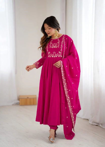 Women's Beautiful Embroidery Work Roman Chanderi Silk Fabric Flared Anarkali Pant and Dupatta Set