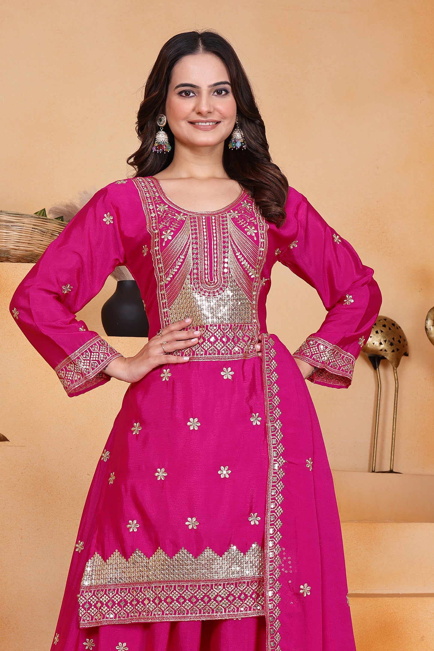 Women's Gorgeous Embroidery Work Chinon Fabric Straight Kurta Sharara and Dupatta Set 117
