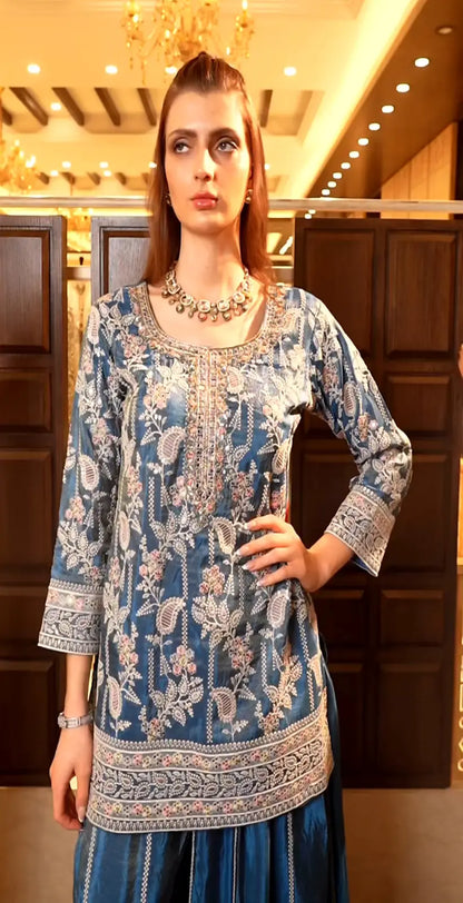 Women's Chinon fabric Embroidery work Kurta with Sharara and Dupatta set 76