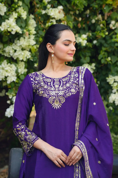 Women's Beautiful Embroidery Work Chinon Fabric Straight Kurta Sharara and Dupatta Set