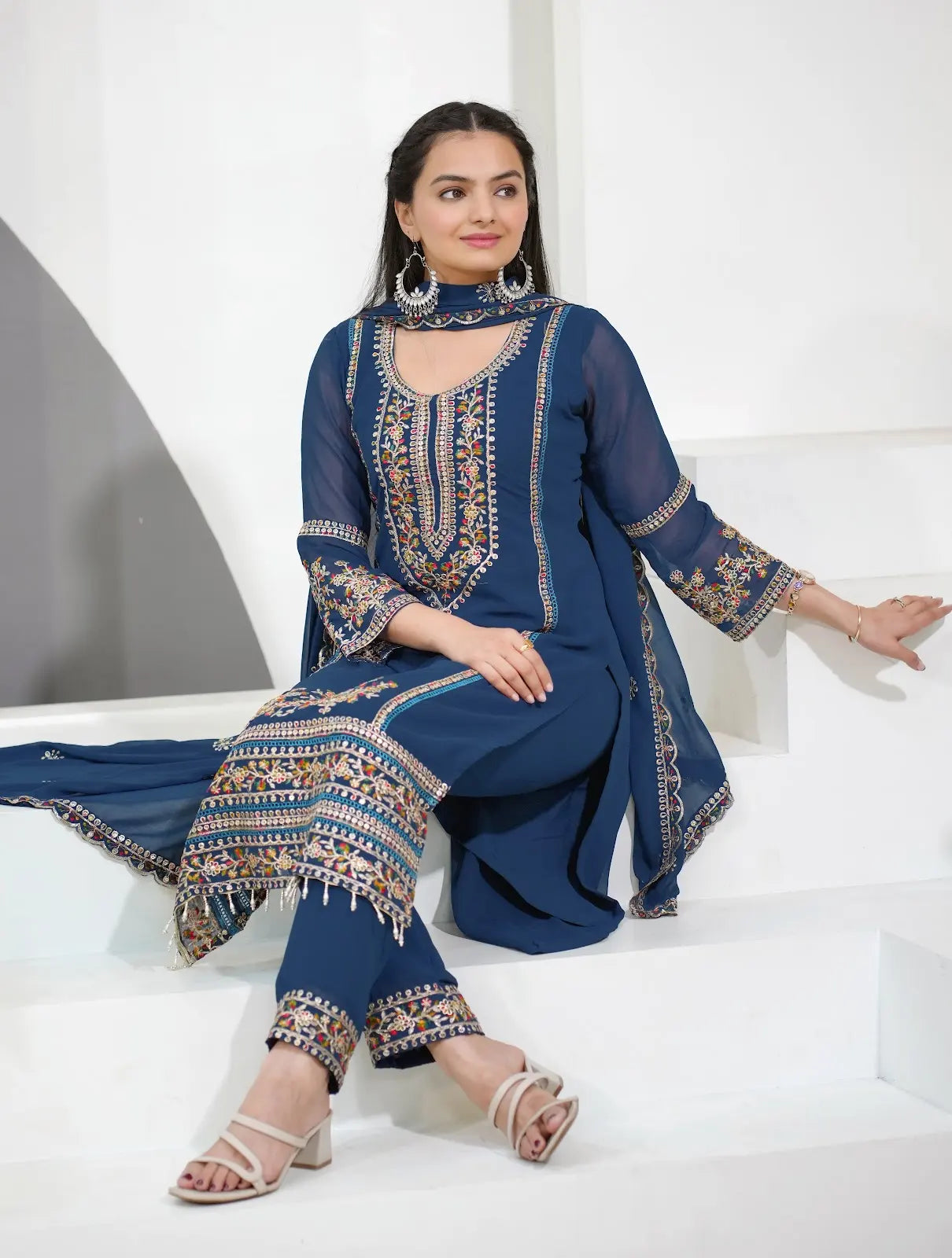 Women's Beautiful Embroidery Fox Georgette Fabric Straight Kurta Pant and Dupatta Set 95
