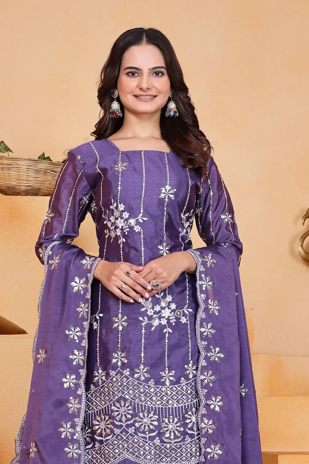Women's Gorgeous Embroidery Work Chinon Fabric Straight Kurta Sharara and Dupatta Set 11