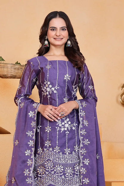 Women's Gorgeous Embroidery Work Chinon Fabric Straight Kurta Sharara and Dupatta Set 11