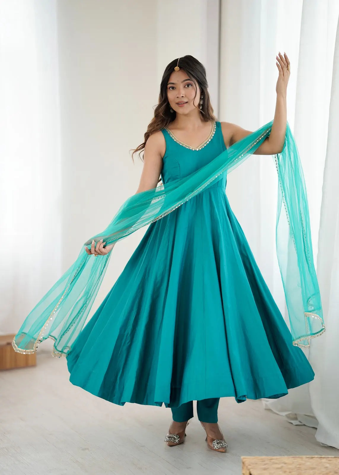 Women's Beautiful Roman Silk Chanderi Fabric Flared Anarkali Pant and Dupatta Set 285