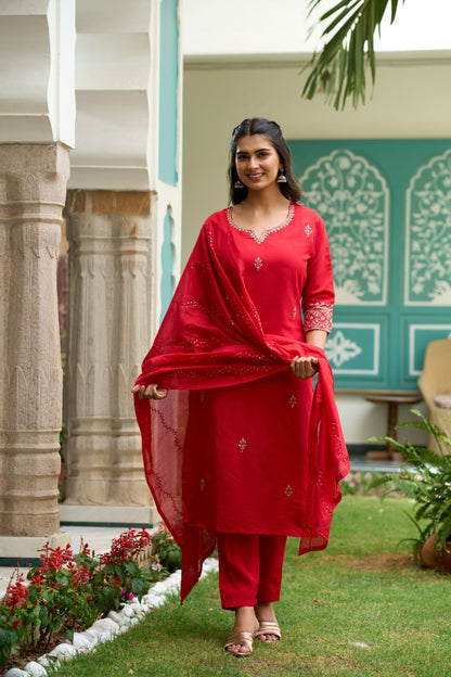 Gajari Red Embroidered Chanderi Fabric Straight Kurta, Pant and Dupatta Set