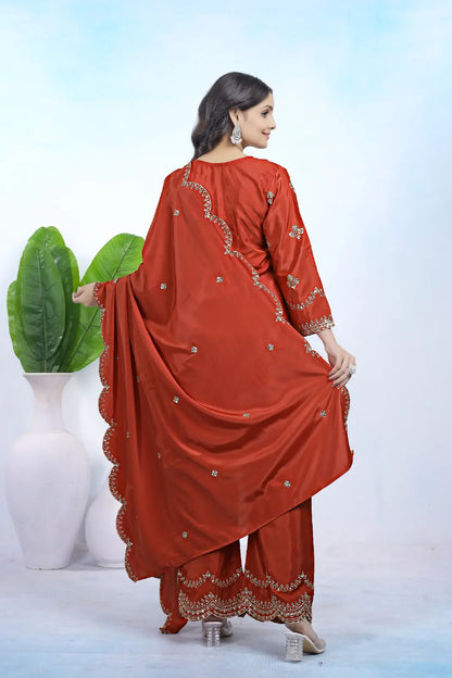 Women's Gorgeous Embroidery Work Natural Crep Fabric Straight Kurta Pant and Dupatta Set