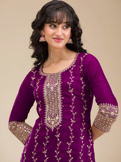 Beautiful Embroidered Vichitra Silk Fabric Straight Kurta, Palazzo and Dupatta Set