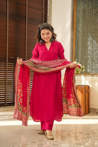 Women's Beautiful South Cotton Fabric Straight Kurta with Pant And Dupatta Set