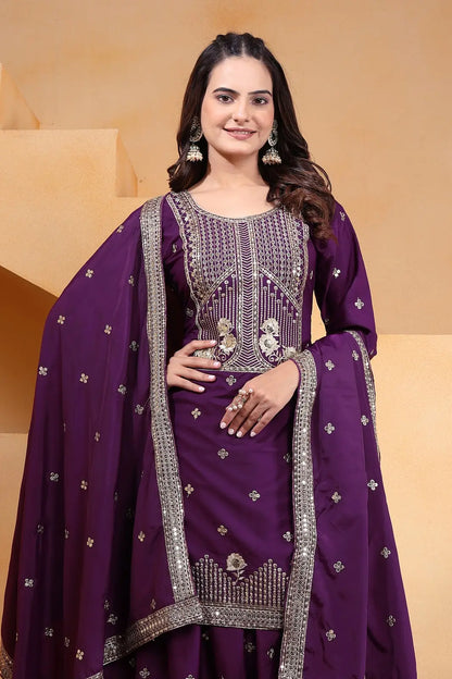 Women's Gorgeous Embroidery Work Natural Crep Fabric Straight Kurta Sharara and Dupatta Set