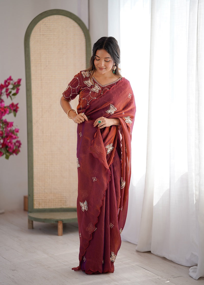 Rust Heavy Fendy satin With Butterfly Embroidered Beads Work saree With Unstitched Blouse