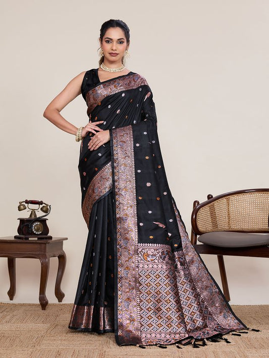 Black Color Designer Woven Work Graceful Partywear Saree