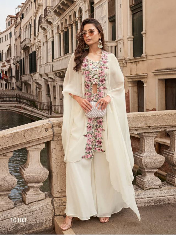 White Chinon Silk Indowestern Crop Top, Skirt And Shrug Set Free Size Full Stitched Upto 42