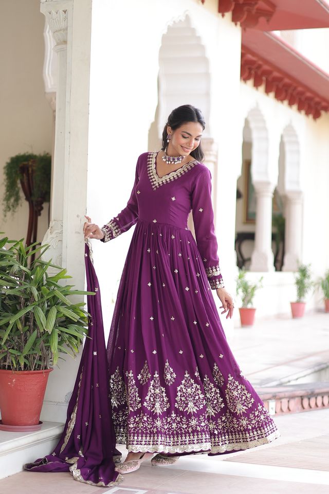 Magenta Color Heavy Embroidered Ethnic Beautiful Gown With Dupatta